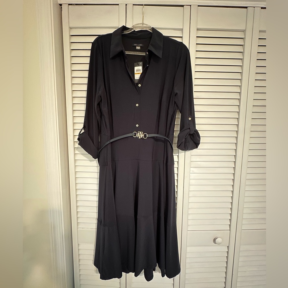NWT navy blue Tommy Hilfiger jersey knit shirtdress w/removable belt, size 16W
